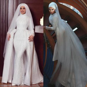 Robes de mariée musulmanes de luxe avec train détachable 2019 col haut manches longues perles tribunal train robes de mariée avec voile grande taille