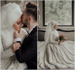 Luxe Moslim Trouwjurken met Hijab Lange Mouw Kralen Kant Plus Size Saudi Arabische Bruidsjurken Kapel Robe de Mariée