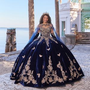 Robes De Bal Bleu Marine De Luxe Robes De Quinceanera Perles Or Appliques Arc Chérie Avec Cape Party Princesse Vestidos De Fiesta