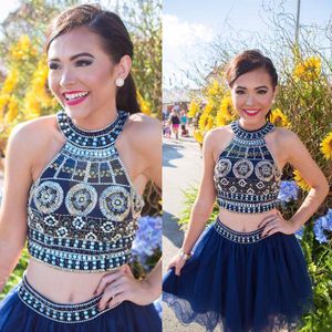 Luxe Navy Blue Beaded Short Prom Dresses 2022 Twee stuk Een lijn Halter Sleutelgat Back Homecoming Party Jurken Formele Sweet 16 Cocktail Jurk