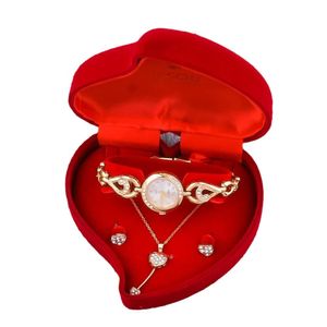 Ensemble de bijoux de luxe, collier et boucles d'oreilles en forme de cœur de pêche, Niche, cadran rond, montre pour femme + boucles d'oreilles + collier, cadeaux pour femmes