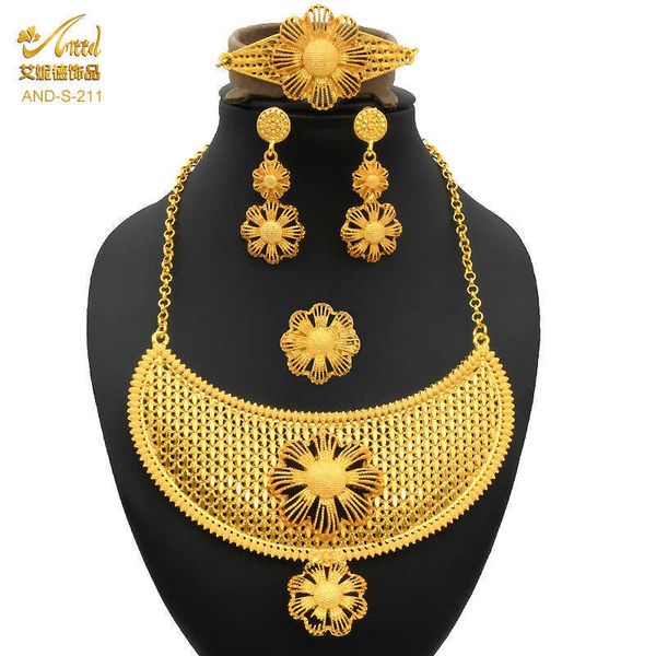 Collier de luxe Ensembles de Bijoux Dubai Or Boucles d'oreilles de mariée Ensemble de mariage Bijoux pour dames Bijoux africains Cadeaux de fête Bijoux pour femmes H1022