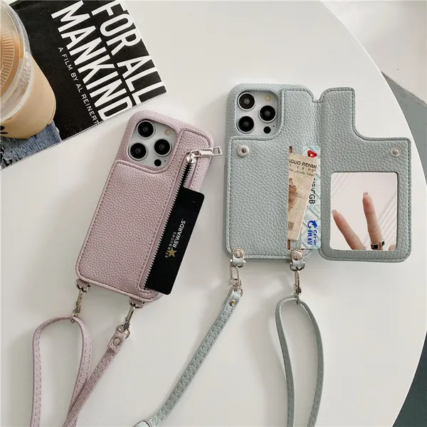 Collar de lujo Lychee Print Folio Zipper Vogue Phone Case para iPhone 14 13 Mini 12 11 Pro Max XR XS 7 8 Plus Espejo incorporado Múltiples ranuras para tarjetas Cartera de cuero Cadena Shell