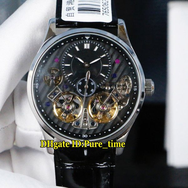 Luxe New 43mm Hybris Mechanica Double Master Tourbillon Boîtier en acier cadran noir automatique Montre homme avec bracelet en cuir Gents Montres Pure_Time