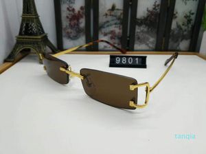 Luxe- Nieuwe Merk Designer Vintage Golden Metal Ridless Frame Plain Mirror Bril Mode Buffalo Horn Sunglasses Lunettes met Box Case