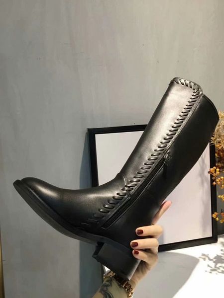 Luxe Nouveau H Femmes Martin Knight Talon Carré Noir Hiver Neige Avec Laine Genou 15 pouces Bottes Taille 35-41