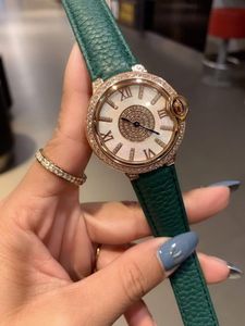 Luxe Nieuw Romeins nummer Kwarts Kijk vrouwen geometrisch zirkon zon polshorloge dame groen lederen diamant horloges vrouwelijke moeder van parelschaal klok witte wijzerplaat 36 mm