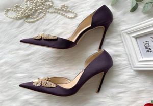 Luxury Nouvelles femmes pompes en satin de soie violette talon pointu les orteils en diamant perle papillon