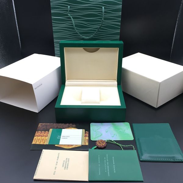 Top qualité meilleure boîte de montre vert foncé cadeau Woody Case pour montres Rolex livret cartes étiquettes et papiers en anglais boîtes de montres suisses