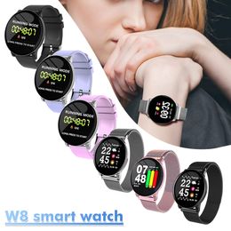 Luxe plus récent W8 Bluetooth montre intelligente bande en acier inoxydable étanche sport Fitness Tracker moniteur de fréquence cardiaque pression artérielle hommes femmes Smartwatch