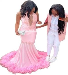 Luxe Nigeriaanse Roze Mermaid Avondjurk Elegante Satijn Prom Jurken met Veer voor Black Girls Mouwloze Formal Party Wear Special Occasion Towns