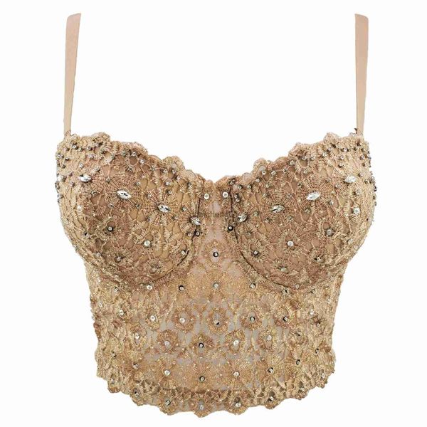 Luxe Night Club Sexy Or Corset Strass Camis Mujer Bustiers Perles Dentelle Debardeur Femmes Binder Corset Top Soutien-Gorge Moulante L230619