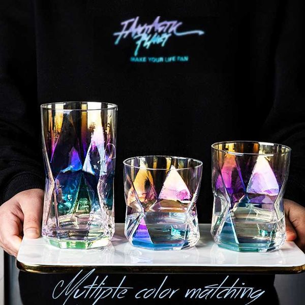 Copa geométrica nórdica de lujo para el hogar, whisky, ron, vasos de agua, lado dorado, jugo colorido, copa de vino, copas de cristal de paja transparentes L230620