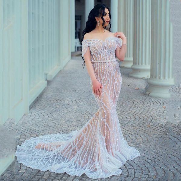 Vestidos de Noche de sirena de encaje desnudo de lujo fuera del hombro tren largo gillter con cuentas árabe dubai aso ebi vestidos de graduación de cola de pez