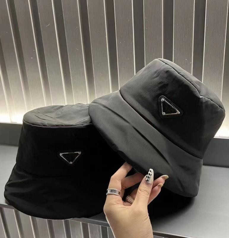 Luxury Nylon Bucket Hat For Women and Men 2022 New Designer Ladies Girls Winter Metal Triangle Cap Fisherman Hats Streetwear Sun Caps Drop