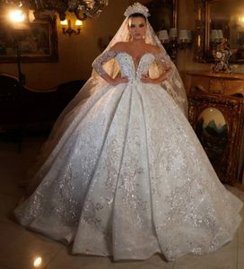Luxe O-cou quart manches robe de mariée paillettes scintillantes robe de mariée classique robe de bal longue illusion robe de mariée robes de novia 2024