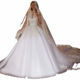 Luxe O-cou manches paillettes Appliques blanc mariage Dr 2024 robe de bal longueur de plancher balayage train fermeture éclair robe de mariée P2XT #