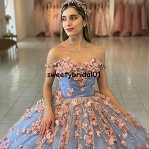 Luxe Hors Épaule Quinceanera Robe 2022 Corset Retour 3D floral Applique robe 15 anos pour Filles Mexicain Prom Party Robes