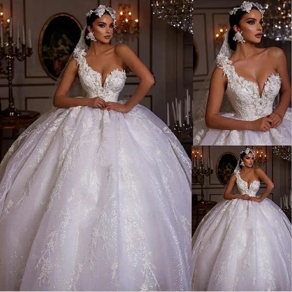 Vestido de novia de lujo de un hombro, manga corta con cuentas, precioso vestido de boda con apliques de encaje, vestidos de Boda de Princesa