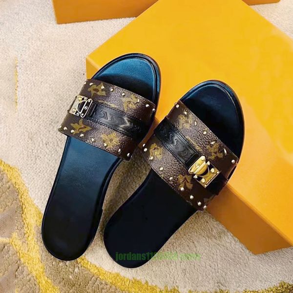 Lujo punta abierta nuevo botón zapatillas planas moda floral zapatillas diseñadores sandalias de cuero genuino verano mujeres casual clásico viejo diapositivas de flores