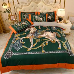 Luxe orange roi designer ensembles de literie coton cheval imprimé reine taille housse de couette drap de lit mode taies d'oreiller couette set301o