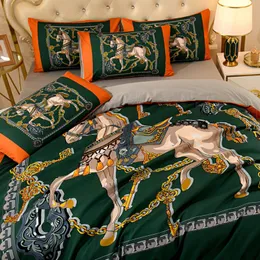 Luxe orange roi designer ensembles de literie coton cheval imprimé reine taille housse de couette drap de lit mode taies d'oreiller couette set254w