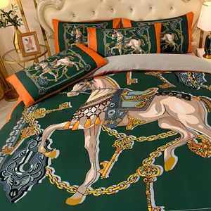 Luxe orange roi designer ensembles de literie coton cheval imprimé reine taille housse de couette drap de lit mode taies d'oreiller couette set245n