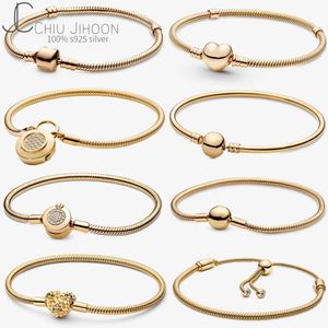 Luxury Original 100% 925 SERRLING Silver Snake Chain Bracelet Gold Chain Crown Brangle For Women Charm Bijoux DIY 240518
