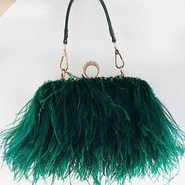 Sacs de soirée de luxe en plumes d'autruche pour femmes chaîne épaule sac à bandoulière gland fête pochette sac à main vert sacs à main de mariage 240304