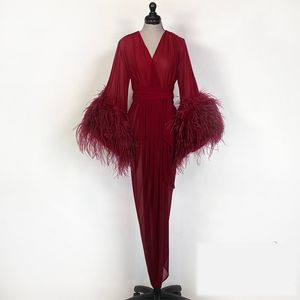 Luxe Autruche Plume Robe De Nuit Bourgogne Mariée Vêtements De Nuit Robes Tulle Sur Mesure Manches Longues Robe De Chambre Femmes Sexy Vêtements De Nuit Robes