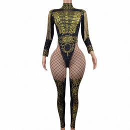 Tenue de luxe Dance Stage Show Discothèque Costume Chanteur Combinaisons Porter Glisten Noir Or Cristaux Body avec Gland Napolun G8N4 #