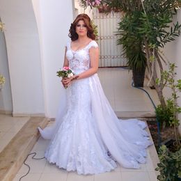 Vestido de novia de sirena de encaje con sobrefalda de lujo 2023 elegante blanco bohemio playa vestidos de novia hasta el suelo ver a través de Dubai Vestido de novia de talla grande Iglesia vestido de novia