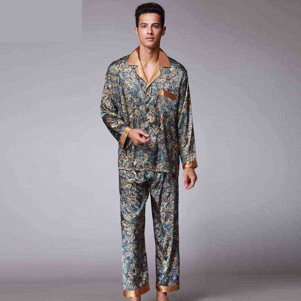 Pyjamas de luxe Hommes Paisley Motif Vêtements de nuit Soie à manches longues Satin Mens Pyjamas Lounge Pyjamas Set Plus Taille 4XL 211111