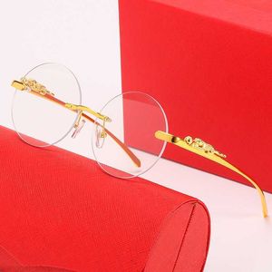 Luxus Panther Sonnenbrille Designer Damen Herren Büffelhorn Sonnenbrille Mann Damen rahmenlose runde Brille Gold Leopard transparentes Linsenglas