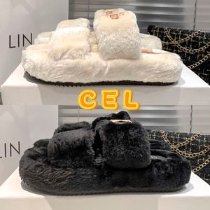 Luxe Paris CEL pantoufles Shearling Fur Open Slides Sandales blanc noir Arc de Triomphe avec boîte femme designer sandale Fashion Winter Comfor Slipper EUR 34-40