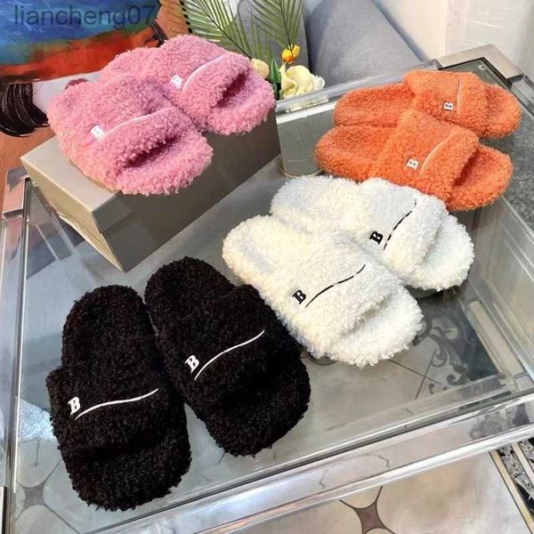 Luxe Paris Designer Hommes Femmes Dames Laine Hiver Fourrure Fluffy Furry Lettres Chaudes Sandales Confortable Fuzzy Fille Flip Flop Slipper 35-45 240223