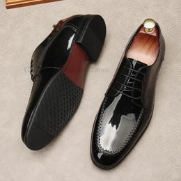 Luxe en cuir verni hommes Oxford véritable chaussures hommes robe noir tête ronde à lacets mariage affaires formel 240110
