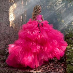 Vestido de lujo rosa melocotón con flores para niña, sin mangas, cuello joya, volantes, tul, Puff, desfile de graduación, vestidos largos para fiesta de cumpleaños