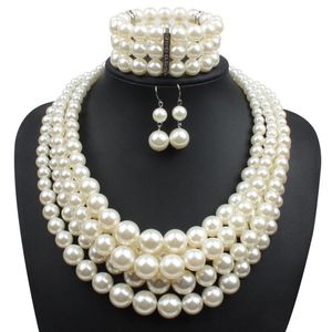Perle de luxe perlée modèles explosifs exagéré imitation perle perlée trois pièces costume multicouche collier de perles bijoux set343i