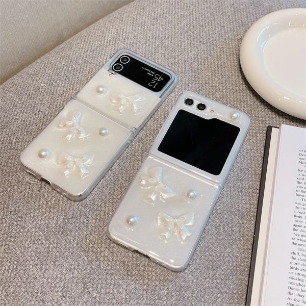 Luxury Pearl Bow Glitter Epoxy Clear Case pour Samsung Galaxy Z Flip 5 4 3 Zflip4 Zflip5 Zflip3 Flip4 5G Colleen Hard Hard Cover