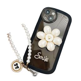 Estuches para teléfonos celulares de perlas de lujo Muñequera Cadena Cubiertas protectoras traseras Soporte para teléfono móvil Flor Transparente Apple CASE para iPhone 14 13 Pro max plus 12 11 Anti-drop