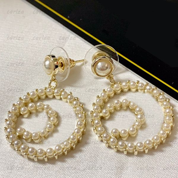 Pendientes de lujo con círculo de perlas y amor, aretes de diseñador con forma de lazo, joyería de diamantes con encanto, 925 pendientes de plata C para mujer, regalo con caja nueva