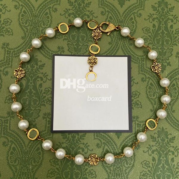 Colliers de luxe en perles dorées, chaîne plaquée or de styliste, colliers à breloques de mariage pour femmes, avec boîte