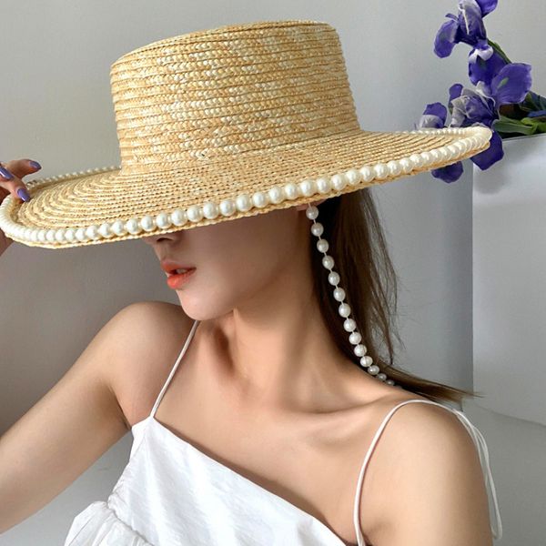 Sombreros de paja de eslabón de perlas de lujo, sombrero de pescador de paja para mujer, gorras de playa para el sol, gorra de vacaciones de verano para mujer