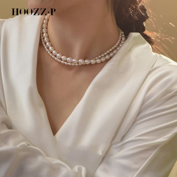 Collier de perle de luxe Perles d'eau douce naturelle multicouche 2 lignes Rice Shape Choker pour les femmes de vente en gros de femmes