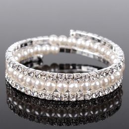 Luxe Parels 3 Rijen Rhinestones Stretch Bangle Bruiloft Armbanden Bruids Sieraden Goedkope Kristallen Armband Voor Bruid Avond Prom Party