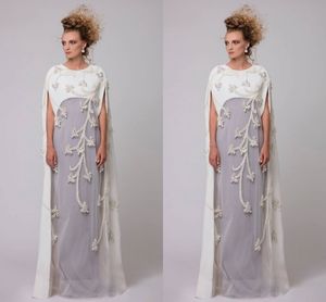 Luxe parels kralen wit en grijs prom jurken mantel cape stijl tule bedekt avondjurken vloer lengte Arabische vrouwen formele slijtage