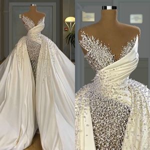 Luxe Parels Zeemeermin Bruidsjurken Pailletten Kralen Trouwjurk met Overrokken Strapless Custom Made Bruid Jurken Vestido de novia