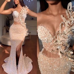 Luxe parels Prom Mermaid -jurken Strapless Side Split Evening Jurns blootgesteld uitstel Mouwloos op maat gemaakte feestjurk plus maat
