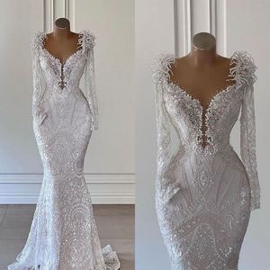 Perles de luxe robes de mariée sirène dentelle perlée robes de mariée col en V à manches longues sur mesure grande taille robe de mariée